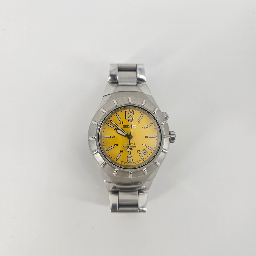 Seiko Kinetic Watch Mens Stainless Steel Yellow Dial 5M42-0F19 Sapphlex